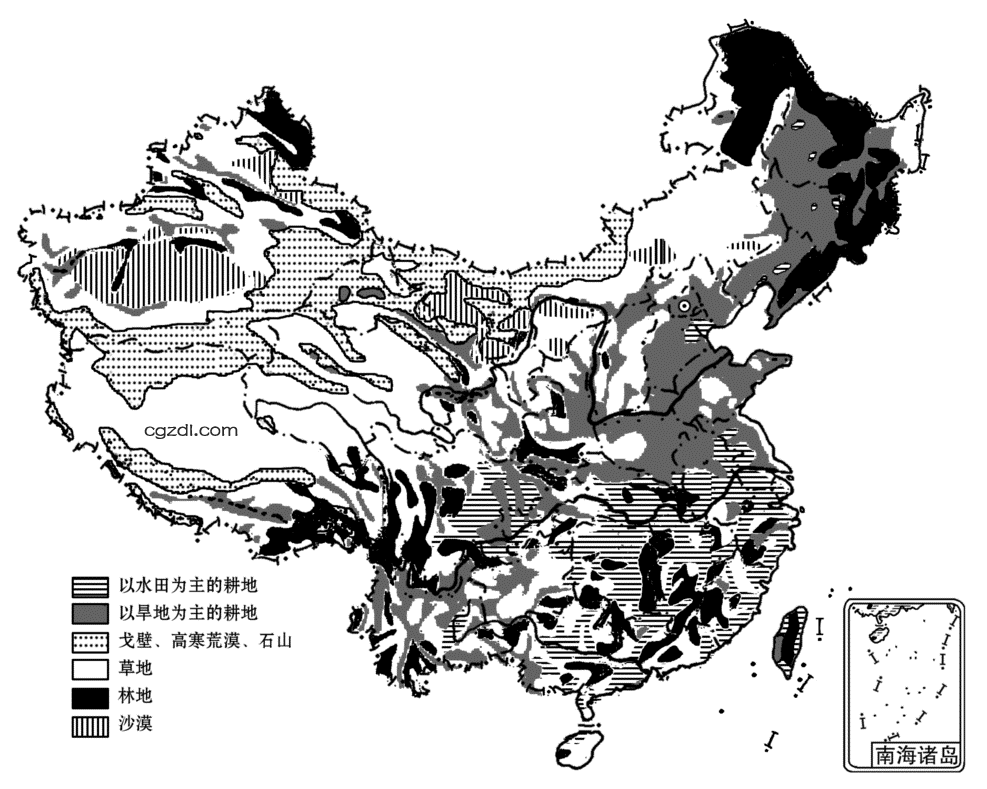 中国主要土地利用类型分布示意图